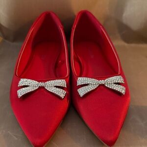 Chic Red Women's Flats with Rhinestone Bow